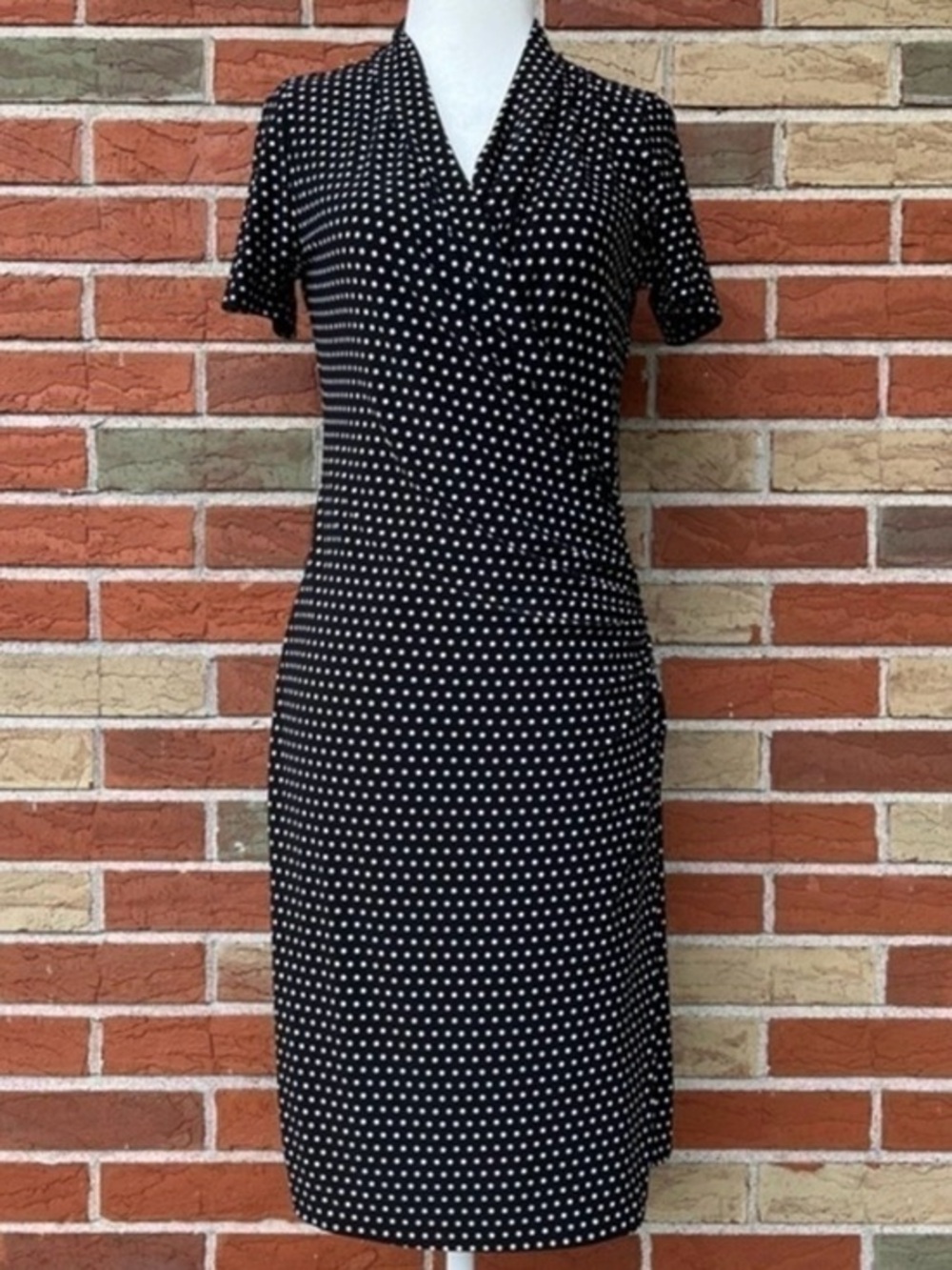 Norma Kamali Baby Polka Dot Side Drape Black White Faux Wrap Dress 👗